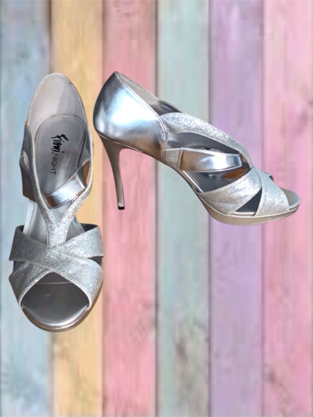Fioni Night Silver Glitter Metallic Open Toe High Heels